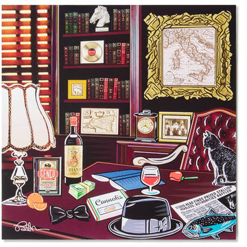 A desk print featuring elements from the Godfather movie, including a desk with books and a chair, with a film reel and movie-related decor.